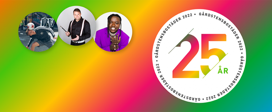 Logo 25 årsfirande samt bild på Tusse, Jimmy Svärdhagen och Viktor, VLO Freestylefotboll