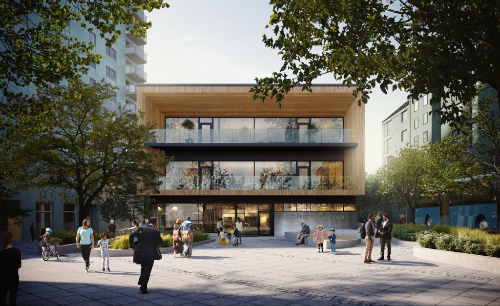Skissbild över Gårdstensbostäders nya kontor vid Salviatorget. Ritat av Liljewalls arkitekter