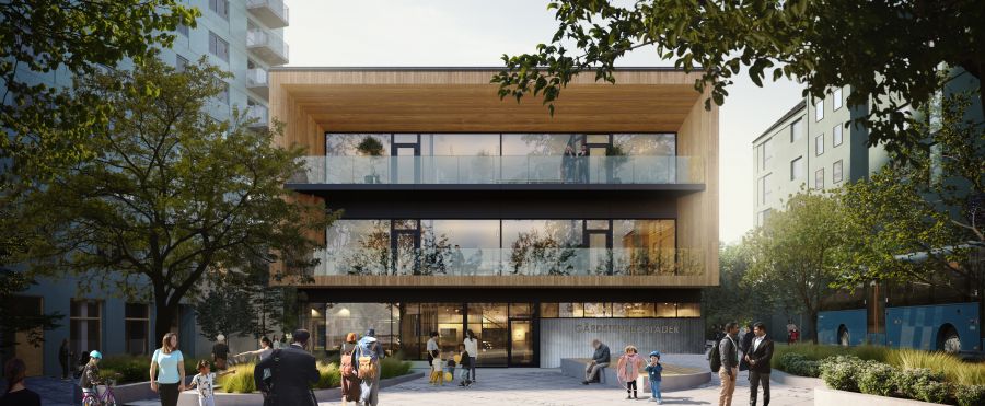 Skissbild över Gårdstensbostäders nya kontor vid Salviatorget. Ritat av Liljewalls arkitekter