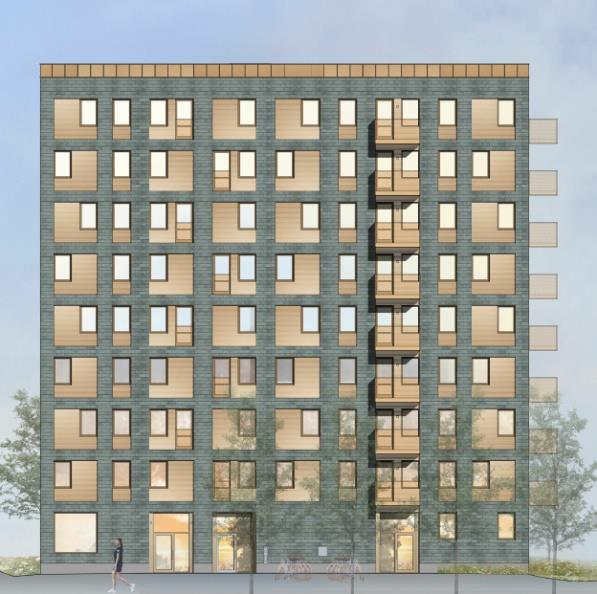 Skiss på nytt bostadshus, E, på Salviagatan vid Gårdsten centrum
