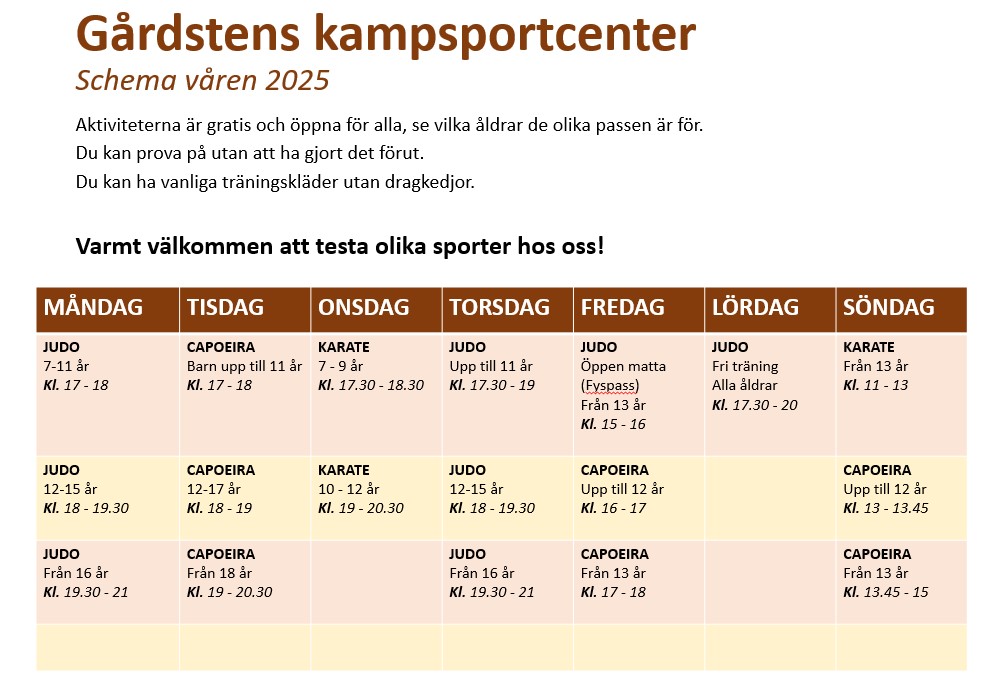 Bild på schemat för Gårdstens kampsportcenter