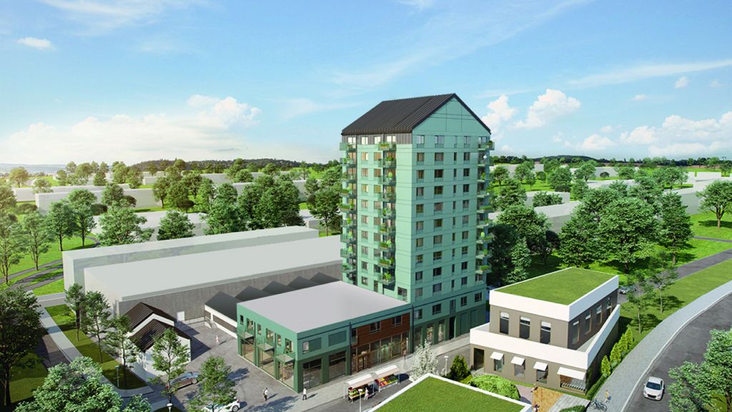 Skiss över Gårdsten centrum med brf Utsikten, nytt kontor och torgyta